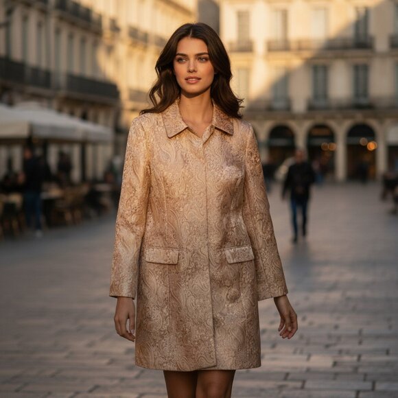 VINTAGE ICE Brocade Paisley Jacket 14 Metallic Gold Baroque Driving Coat Peacoat - Picture 16 of 16